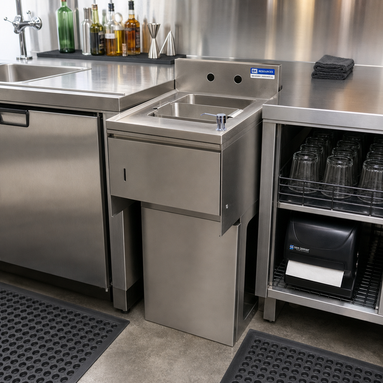 Product image #3 for BK Resources Slimline Underbar Dump Sink with Soap and Towel Dispenser, 12-1/2 Inch W x 18-1/4 Inch D, 1 Compartment, 304 Stainless Steel