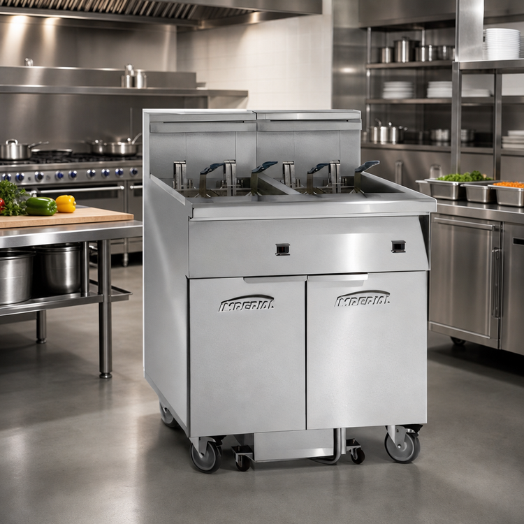 Product image #2 for Imperial IFSSP250ET Electric Floor Model Dual-Tank 50 lb. Fryer with Built-In Space Saver Filter System