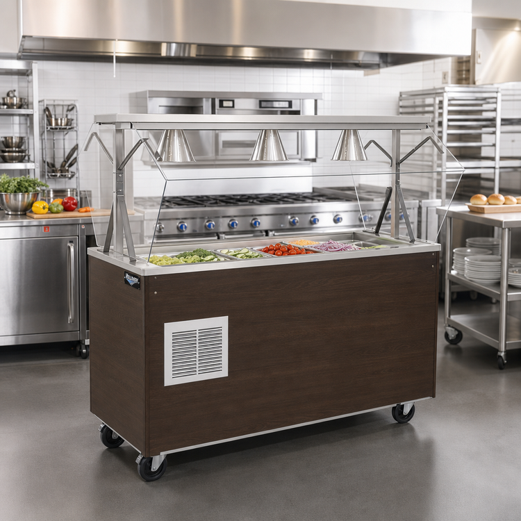 Product image #2 for Vollrath 2-Series Affordable Portable Mobile Refrigerated 4-Pan Cold Food Buffet Station with Breath Guard, Walnut Woodgrain