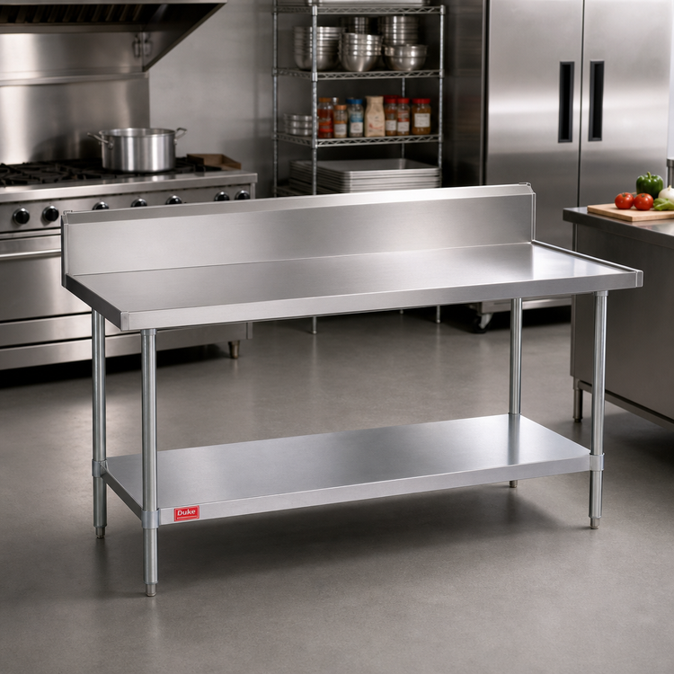 Product image #2 for Duke 72-Inch x 24-Inch 14-Gauge Stainless Steel Work Table with 10-Inch Riser and Galvanized Undershelf