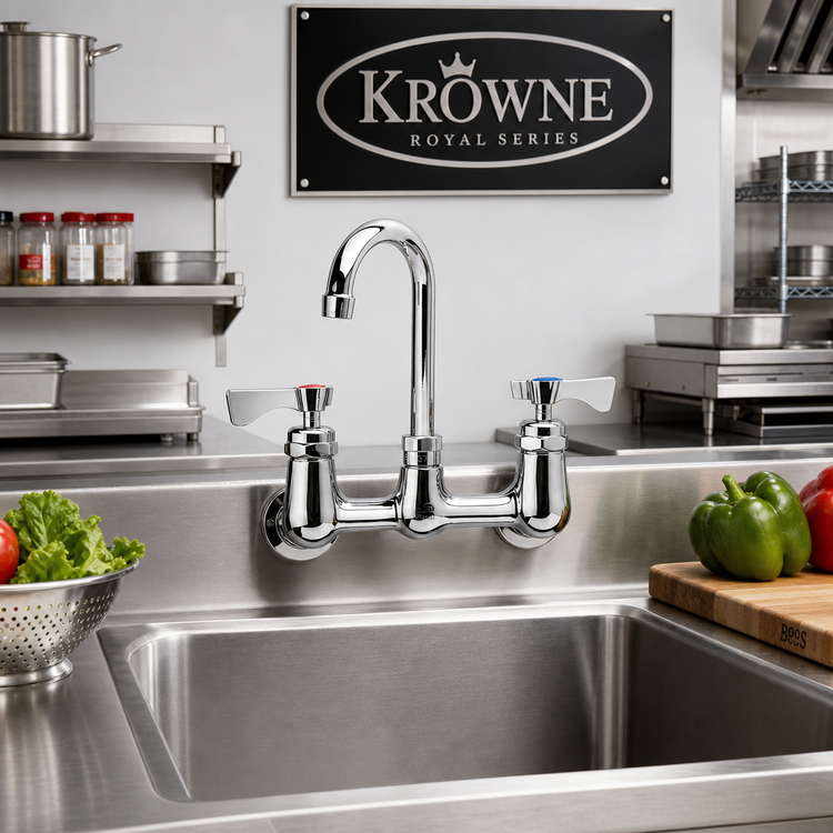Product image #2 for Krowne Royal Series Splash-Mounted Commercial Faucet with 8-Inch Centers and 6-Inch Gooseneck Spout