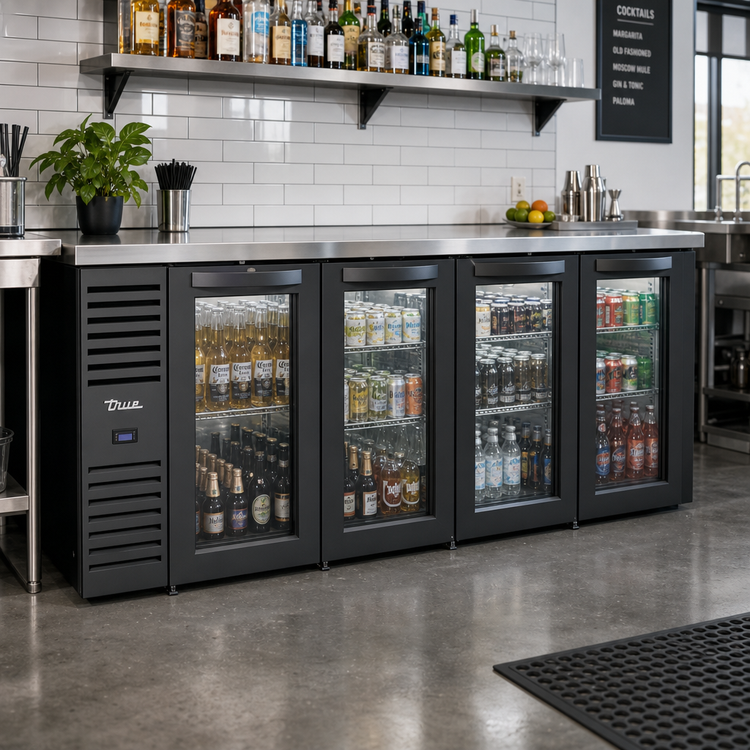 Product image #2 for True 92-Inch Four-Door Glass Back Bar Cooler with Side-Mounted Self-Contained Refrigeration