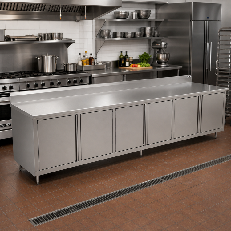 Product image #2 for John Boos Enclosed Work Table with Cabinet Base, 3 Hinged Door Sets, 144 Inch x 30 Inch, Stainless Steel Top, 5 Inch Backsplash