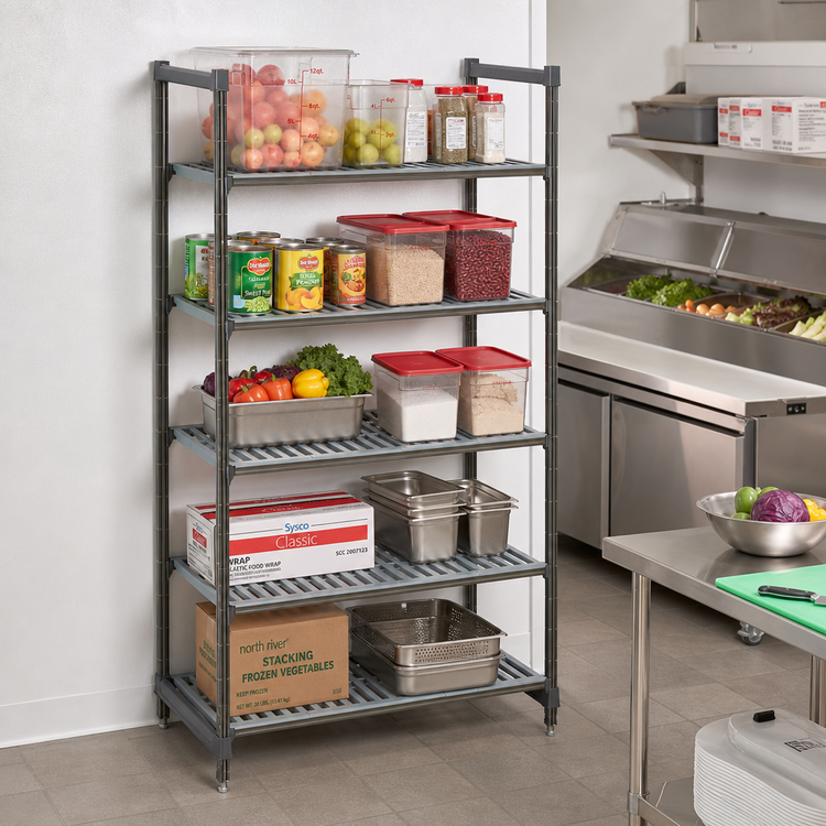 Product image #2 for Cambro Camshelving Basics Plus 5-Tier Stationary Starter Unit, 36"W x 24"D x 84"H, Vented Shelf Plates, Brushed Graphite