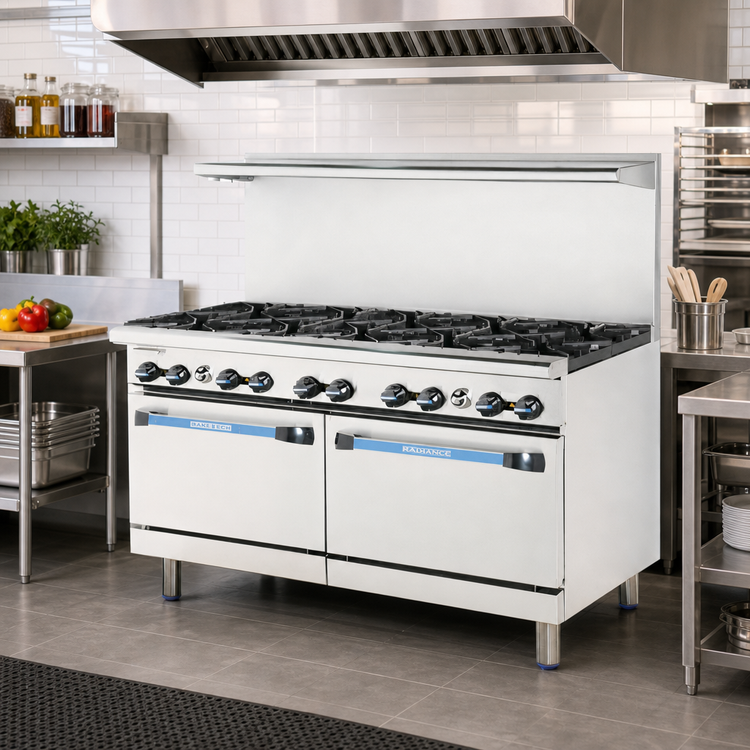 Product image #2 for Turbo Air Bake Tech Innovation Radiance 60-Inch Gas Restaurant Range with 10 Lift-Off Open Burners and 2 Standard Ovens