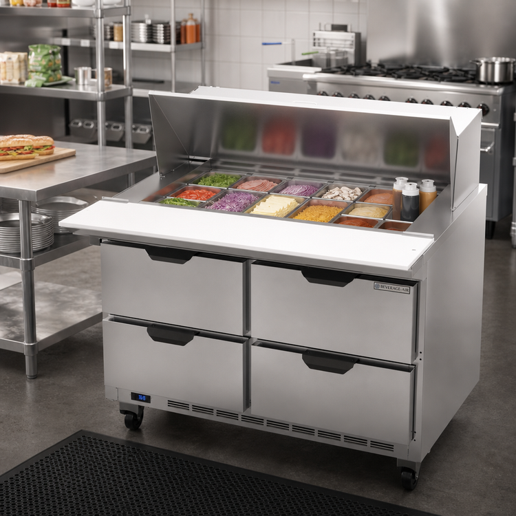 Product image #3 for Beverage-Air SPED48HC-18M-4 48-Inch Two-Section Mega Top Refrigerated Prep Table with 4 Drawers