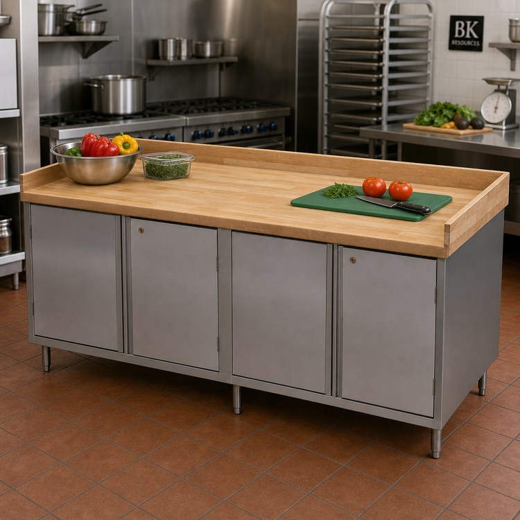 Product image #2 for BK Resources 96-Inch Hard Maple Chef Table with Cabinet Base and Locking Hinged Doors