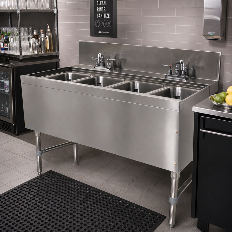 Product image #2 for Advance Tabco Prestige Supreme 4-Compartment Underbar Sink Unit, 48-Inch Wide, Open Frame Base