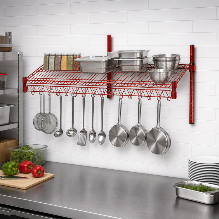 Product image #2 for Eagle Group 48 x 18 Inch Red Epoxy Reversible Wire Angled Shelf with Hanger Rails