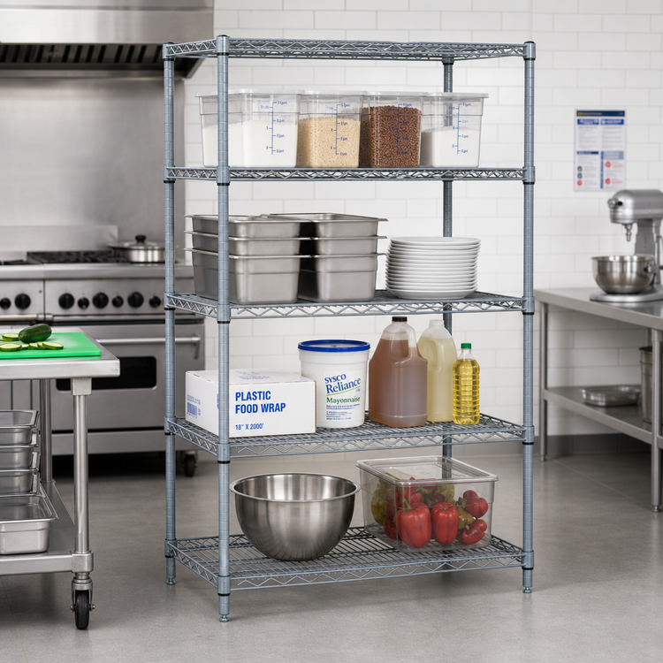 Product image #2 for Quantum 24"W x 14"D x 63"H Wire Shelving Starter Kit, 4 Shelves, 600-800 lb. Capacity, Gray Epoxy Antimicrobial Finish