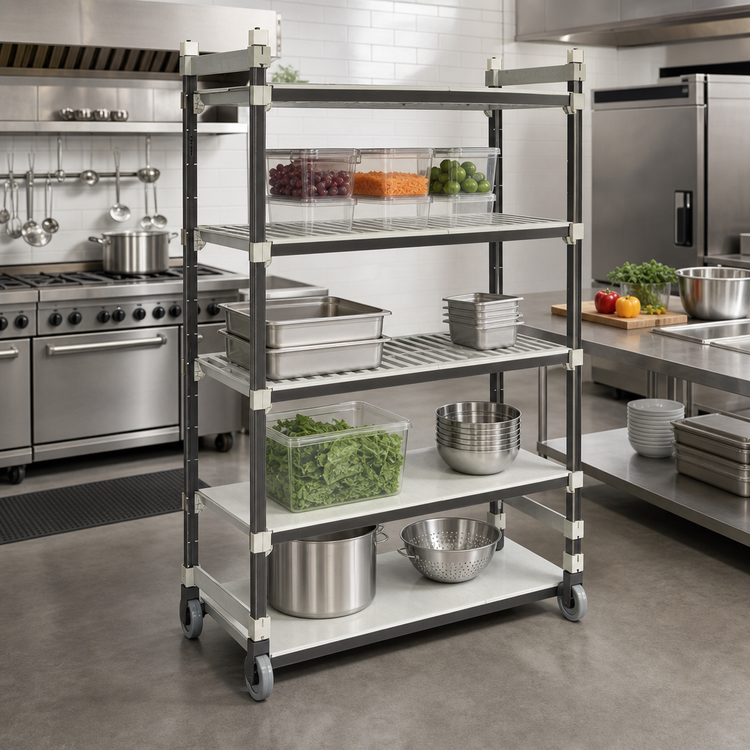 Product image #2 for Cambro Camshelving Elements XTRA High Density Top Rail Mobile Starter Unit, 4-Tier, 24 x 60 x 80 Inches, 3 Vented Shelves + 1 Solid Shelf, Speckled Gray