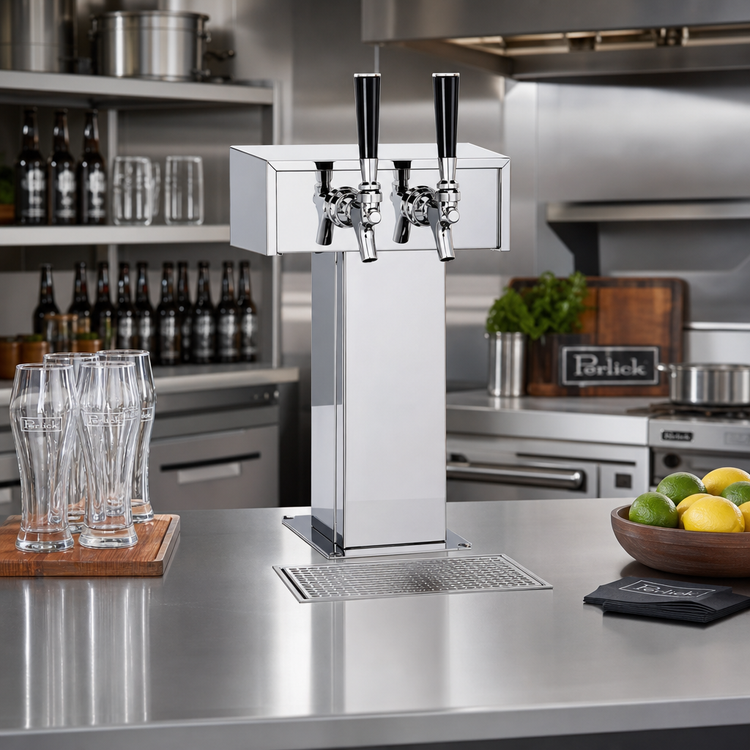 Product image #2 for Perlick Extra-High 2-Faucet Glycol-Cooled Tee Draft Beer Tower, Countertop, Polished Chrome