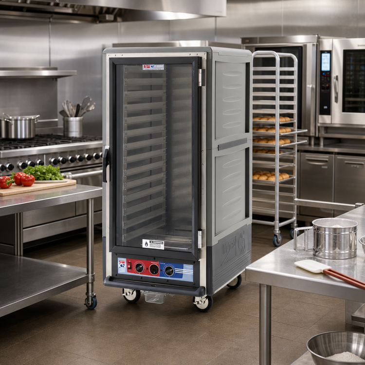 Product image #2 for Metro C5 3 Series Mobile Moisture Heated Holding & Proofing Cabinet, 3/4 Height, Gray Insulation Armour, Full-Length Clear Door, Lip Load Slides