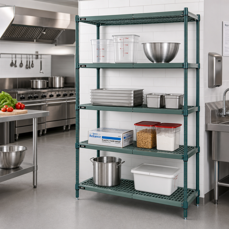 Product image #2 for Quantum 4-Tier Stationary Wire Plastic Mat Shelving Unit, 36 x 24 x 86 Inches, Green Epoxy