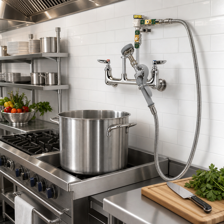 Product image #2 for T&S Brass Splash-Mounted Pot & Kettle Filler Faucet with 8-Inch Adjustable Centers and 68-Inch Flexible Hose
