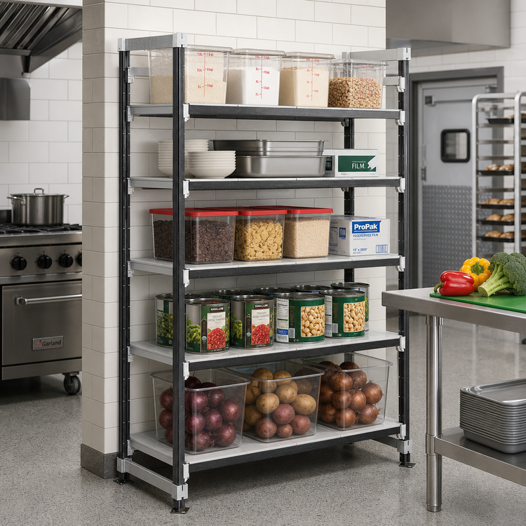 Product image #2 for Cambro Camshelving Elements XTRA High Density Top Rail Stationary Starter Unit, 5-Tier, 60 x 21 x 81 Inches, Speckled Gray