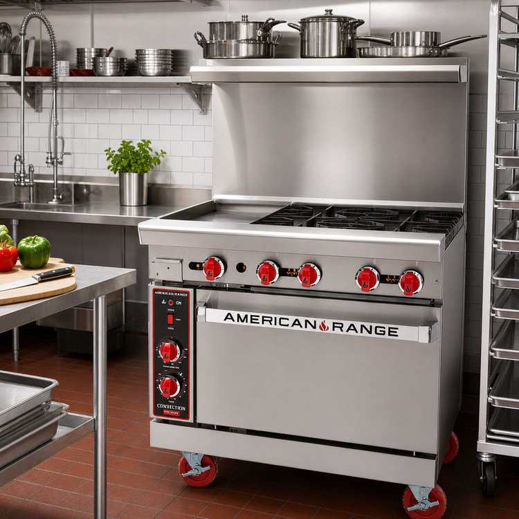 Product image #2 for American Range 36-Inch Commercial Gas Range with 12-Inch Left Griddle, 4 Open Burners, and Standard Oven