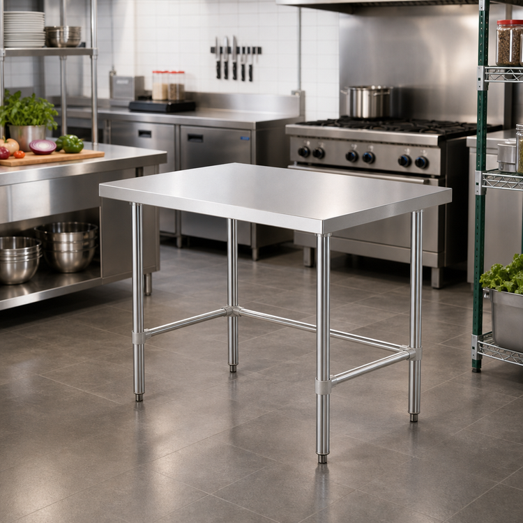 Product image #2 for Sapphire 48-Inch x 24-Inch Stainless Steel Flat Top Work Table with Open Base and Beveled Square Edge