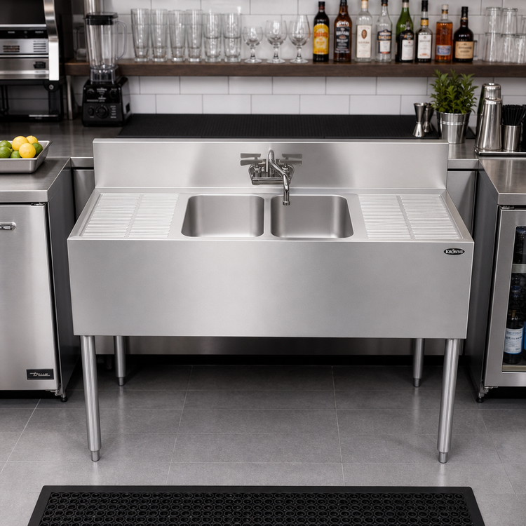 Product image #2 for Krowne Royal Series 48-Inch Wide Stainless Steel Two-Compartment Underbar Sink Unit with Faucet and Dual Drainboards