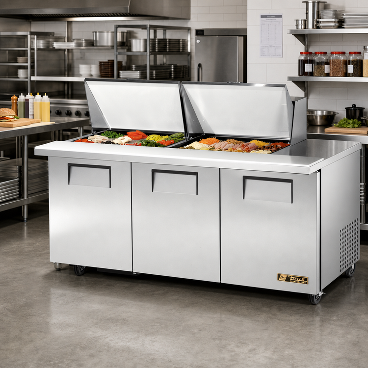 Product image #2 for True Mega Top 3-Door Self-Contained Sandwich/Salad Prep Table with 24 Pan Capacity