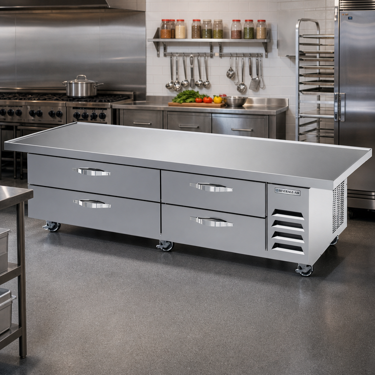 Product image #2 for Beverage-Air 96-Inch Four-Drawer Worktop Cook Stand Freezer with Extended Top