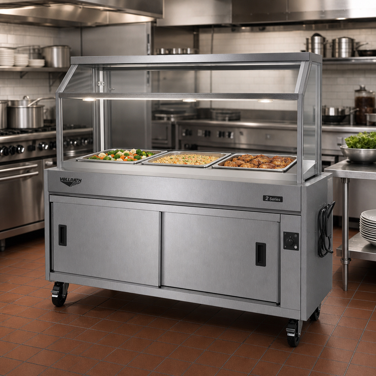 Product image #2 for Vollrath 2-Series Affordable Portable 3-Well Hot Food Station with Buffet Breath Guard, Lights, and Sliding Door Storage, Brushed Aluminum