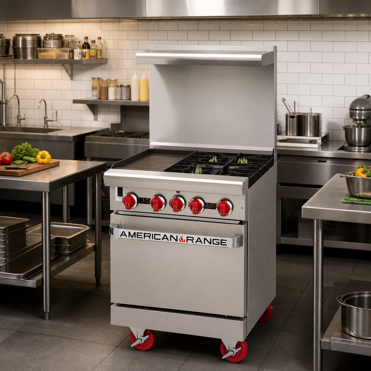 Product image #2 for 24-Inch Green Flame Gas Range with 12-Inch Left Griddle, 2 Open Burners, and Storage Base