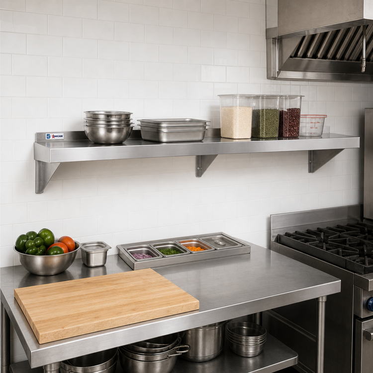 Product image #2 for Omcan Wall-Mounted Stainless Steel Shelf, 72 x 14 Inches, 1-1/2-Inch Rear Up-Turn