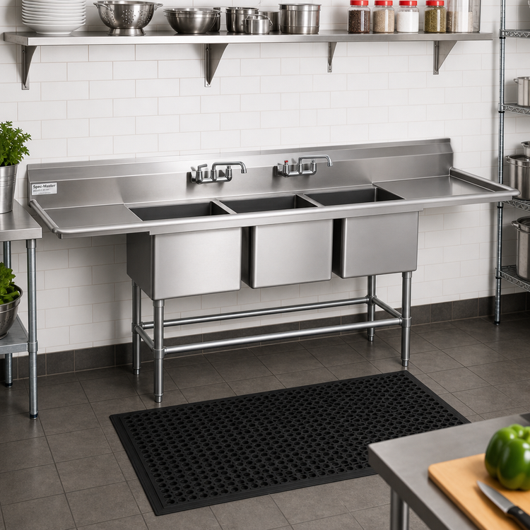 Product image #2 for Spec-Master FN Series Coved Corner Three-Compartment Sink with 24-Inch Right Drainboard, 91-1/2 Inch Wide, 14-Gauge 300-Series Stainless Steel