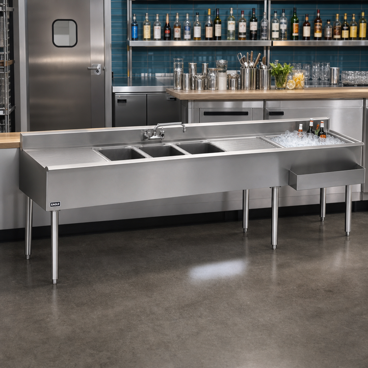 Product image #2 for Eagle 1800 Series 84-Inch Underbar Combination Unit with 24-Inch Ice Bin, 3 Sinks, and Dual Drainboards