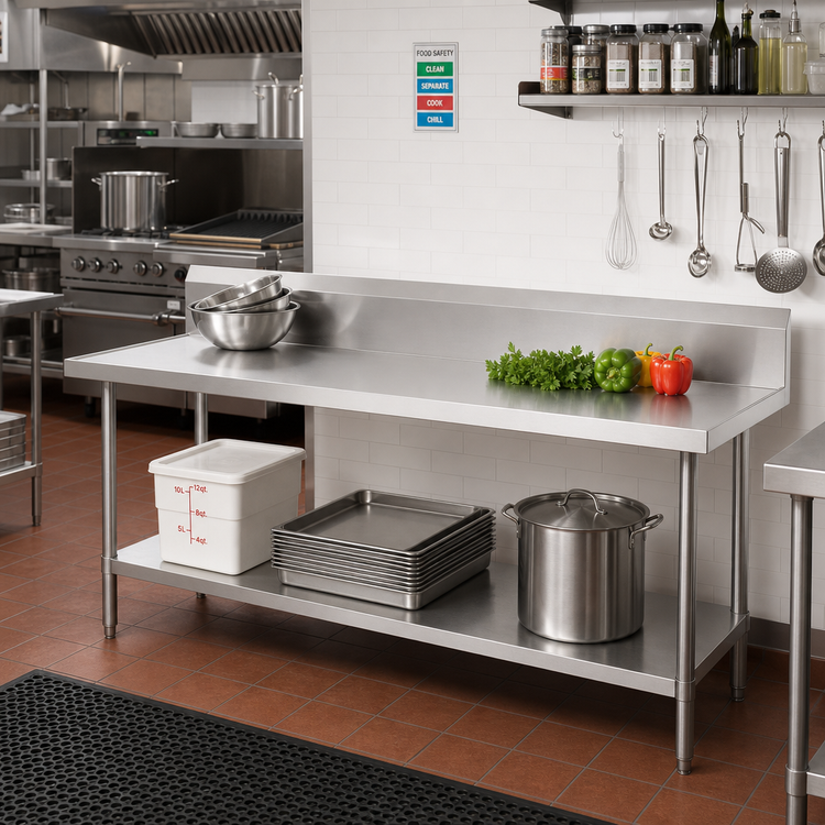 Product image #2 for Advance Tabco 84-Inch x 24-Inch 14-Gauge 304 Stainless Steel Work Table with 10-Inch Backsplash and Undershelf