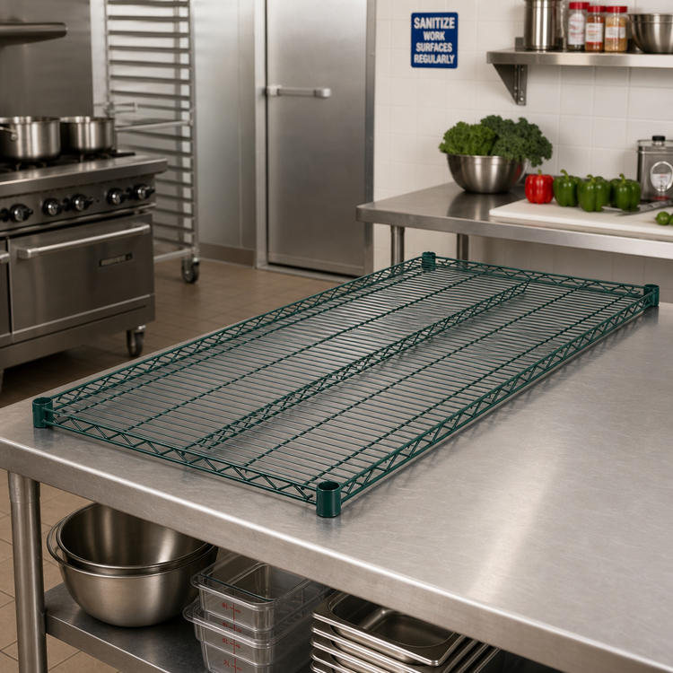 Product image #3 for Winco 54 x 24 Inch Epoxy Coated Green Wire Shelf with 4 Sleeve Clips