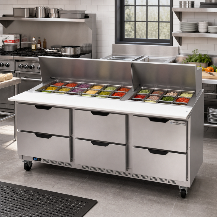 Product image #3 for Beverage-Air SPED72HC-30M-6 Three-Section Mega Top Refrigerated Prep Table with 6 Drawers