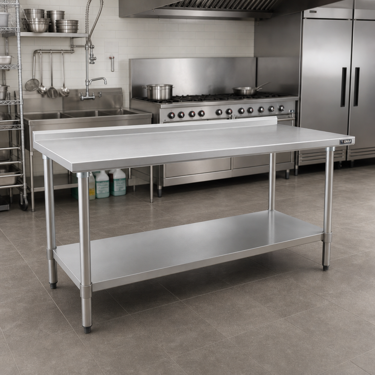 Product image #2 for Eagle Group Deluxe Series 60 in. x 36 in. 16-Gauge 300 Series Stainless Steel Work Table with 1-1/2 in. Rear Upturn and Adjustable Undershelf