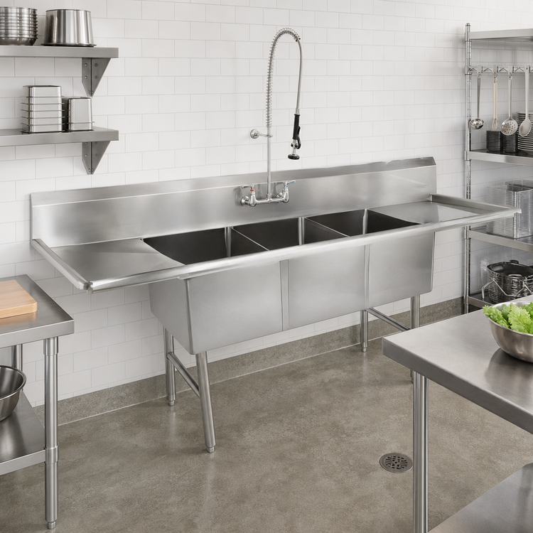 Product image #2 for John Boos B Series 3-Compartment Stainless Steel Sink with Left and Right Drainboards and 10-Inch Backsplash, 87-1/4-Inch Wide