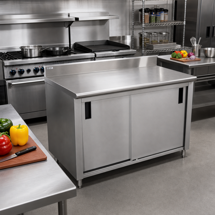 Product image #2 for Advance Tabco Special Value Series 72-Inch x 24-Inch Enclosed Work Table with Cabinet Base, Mid-Shelf, Sliding Doors, 16-Gauge 304 Stainless Steel Top, and 5-Inch Backsplash