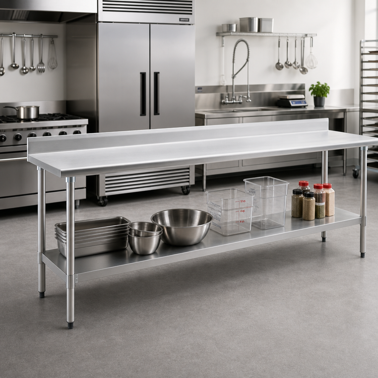 Product image #2 for Eagle Group Budget Series 144-Inch x 24-Inch 430 Stainless Steel Work Table with Backsplash and Undershelf