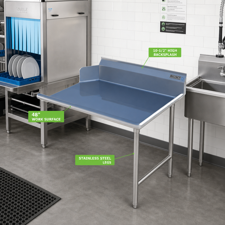 Product image #2 for 48-Inch Straight Clean Dish Table with 10-1/2-Inch Backsplash and Stainless Steel Legs
