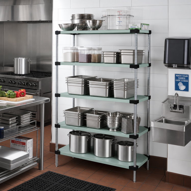 Product image #2 for Quantum Solid Stationary Shelving Starter Kit, 54"W x 21"D x 74"H, 5 Shelves, 304 Stainless Steel