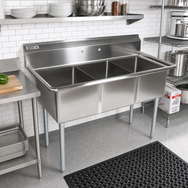 Product image #2 for John Boos E-Series 3-Compartment Stainless Steel Sink with Boxed Backsplash, 35 x 19-1/2 x 43-3/4 Inches