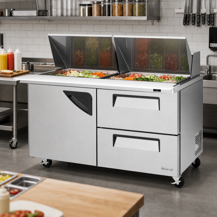 Product image #2 for Turbo Air Super Deluxe 60-1/4-Inch Two-Section Mega Top Sandwich/Salad Prep Table with 1 Door and 2 Drawers