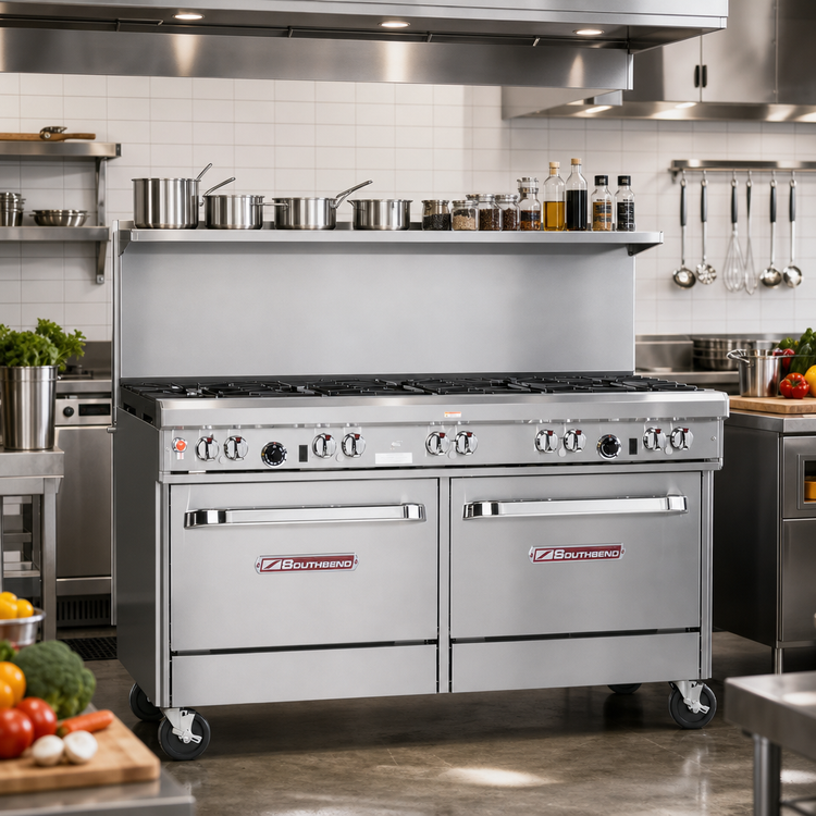 Product image #2 for Southbend Ultimate 60-Inch Gas Restaurant Range with 9 Open Burners, 2 Cabinets, and Hi-Shelf