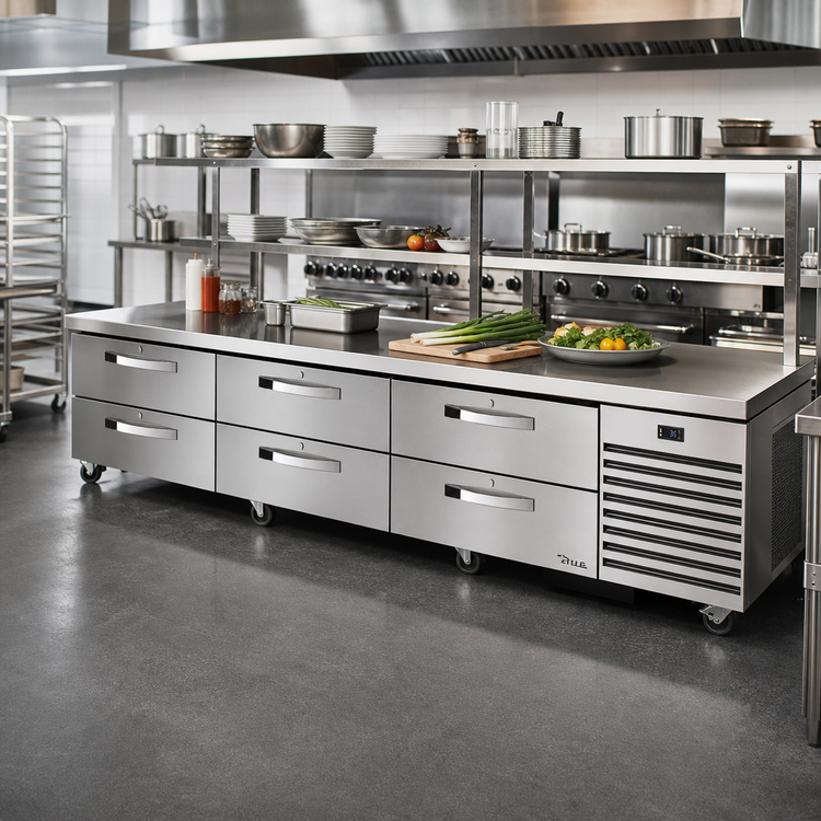 Product image #2 for True 110-Inch Refrigerated Chef Base with 6 Locking Drawers and Stainless Steel V-Edge Top