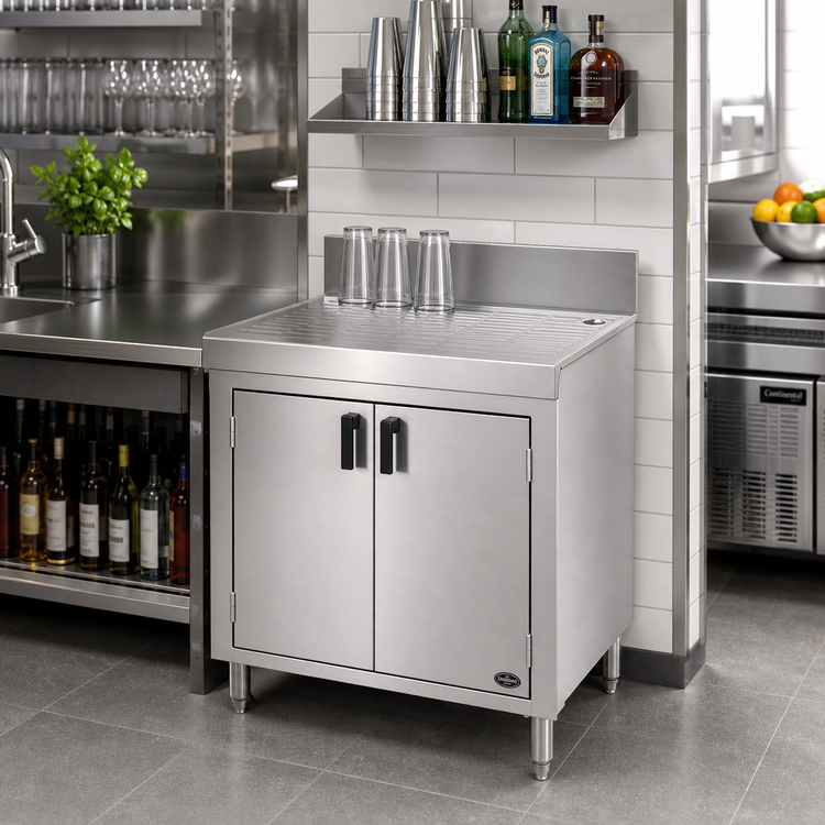 Product image #2 for Advance Tabco Underbar Basics Stainless Steel Drainboard Cabinet Base with Mid-Shelf and 2 Doors, 4-Inch Backsplash, 30 Inch Wide x 21 Inch Deep x 33 Inch High