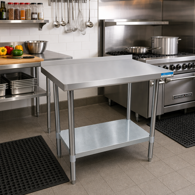 Product image #2 for BK Resources 30" x 18" 430 Stainless Steel Work Table with 1-1/2" Rear Riser and Galvanized Undershelf