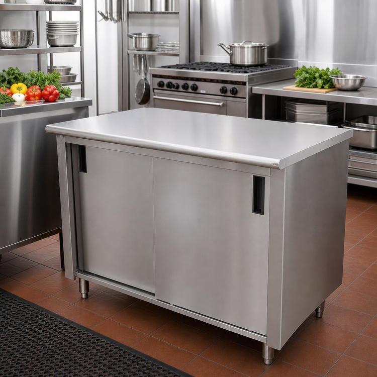 Product image #2 for Advance Tabco Special Value Economy Enclosed Work Table with Cabinet Base, 60 x 30 Inches, 16 Gauge 304 Stainless Steel Top