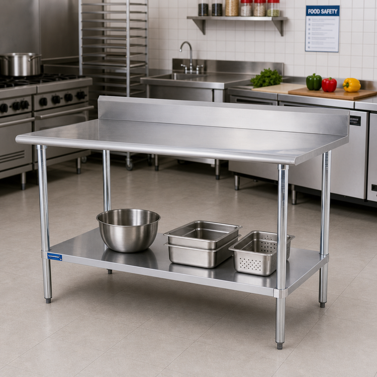 Product image #2 for 60 Inch x 30 Inch 18-Gauge 400 Series Stainless Steel Work Table with 5 Inch Backsplash and Adjustable Undershelf