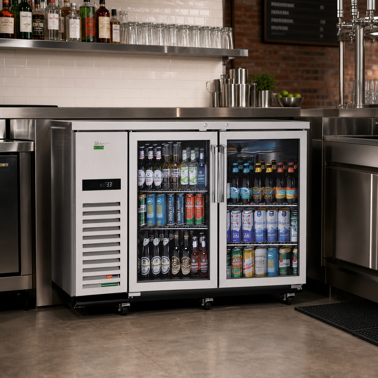 Product image #2 for Turbo Air Super Deluxe Two-Section Glass Door Back Bar Cooler, 19 Cu. Ft., Self-Contained, Stainless Steel