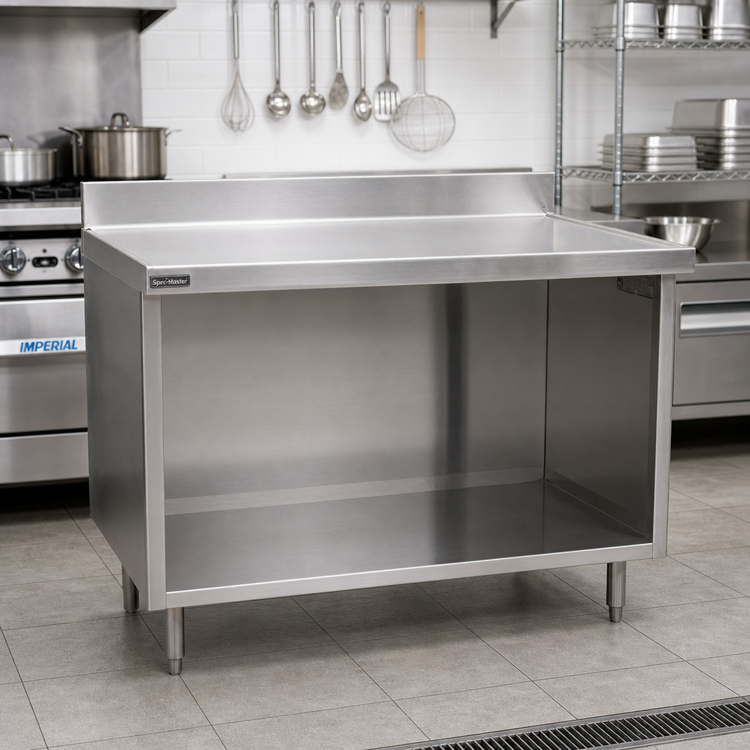 Product image #2 for Spec-Master Marine Series Stainless Steel Work Table with Open Front Cabinet Base, 84 Inch x 30 Inch, 4-1/2 Inch Backsplash
