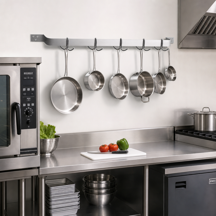 Product image #2 for Eagle Group 84-Inch Aluminum Wall-Mount Single-Bar Pot Rack with 7 Stainless Steel Double-Prong Hooks